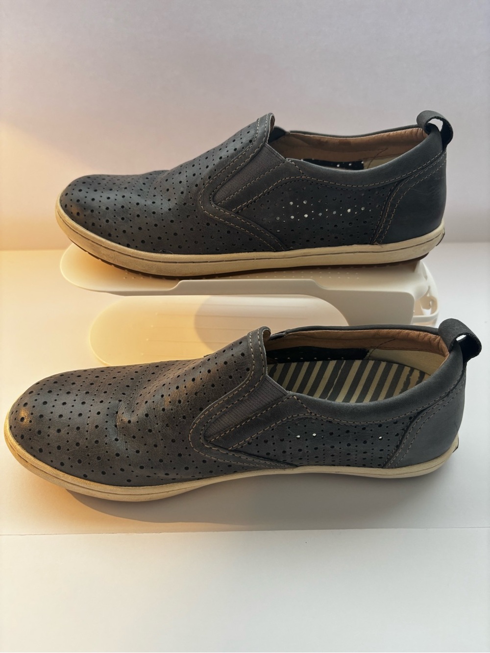Taos Footwear Women's Charcoal Perforated Slip-On Loafers with Cream Sole